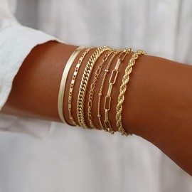 SUFOPE Gold Bracelets for Women,14K Gold Plated Stackable Bracelets Trendy Herringbone Satellite Lip Chain Adjustable Layered Bracelets jewelry Set for Gift