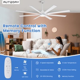 Autoday Large Ceiling Fans with Lights and Remote - 72 Inch White Ceiling Fan with Light, Quiet DC Motor, 3 CCT,Modern Dimmable LED Lighting & Large Ceiling Fans for Living Room Patio, Indoor/Outdoor
