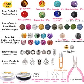 EuTengHao 1146Pcs Lava Beads Round Loose Marble Beads Ink Patterns Chakra Beads with Spacer Beads Pendants Jewelry Findings for Adult DIY Bracelet Necklace Earring Jewelry Making Crafts