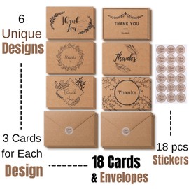 Mr. Pen- Thank You Cards with Envelopes, Brown Kraft Paper, 18 Pack, 4 x 6, Blank Inside, 6 Designs, Thank You Cards, Thank You Notes, Thank You Cards Bulk,Thank You Note Cards