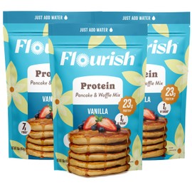 Flourish Protein Pancake & Waffle Mix, with Whey Protein & Flax Seed, No Added Sugar, High in Protein & Fiber - Just Add Water - Vanilla Flavour, 430g (3 Pack) - Made in Canada