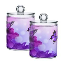 xigua Purple Butterfly Qtip Holder 2 Pack, 14 oz Apothecary Jars Bathroom Vanity Organizer Canister for Qtips,Cotton Swabs,Cotton Balls,Cosmetic Pads,Flossers,Bath Salts