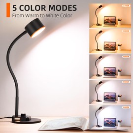 LiFMIRA Desk Lamp, LED Desk Lamp with USB C + A Charging Ports, 5 Colors Fully Dimmable Eye Care Reading Lamp for Bedside Table Full Metal Efficient Gooseneck Table Lamp for Home Office Black