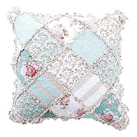 DaDa Bedding 1-Piece Patchwork Blooming Floral Euro Pillow Sham - Hint of Mint Cotton Garden Country Cottage - Ruffles Muted Pastel Light Seafoam Blue/Green - 26" x 26"