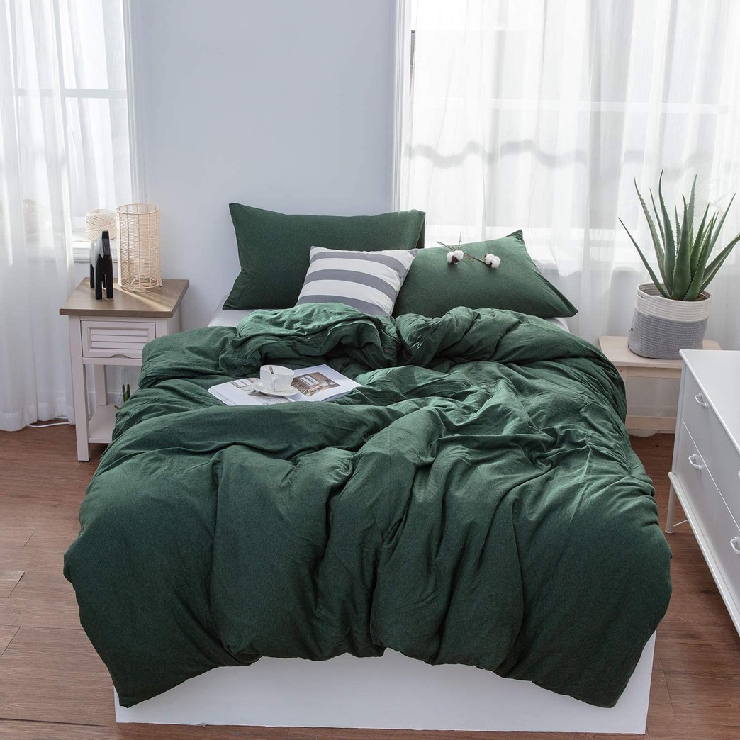LIFETOWN Jersey Knit Cotton Duvet Cover King, 1 Duvet Cover and 2 Pillowcases, Simple Solid Design, Super Soft and Easy Care (King, Dark Green)
