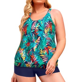 Yonique Plus Size Tankini Swimsuits for Women Blouson Tankini Tops with Swim Shorts Two Piece Bathing Suits Navy Leaves 20 Plus
