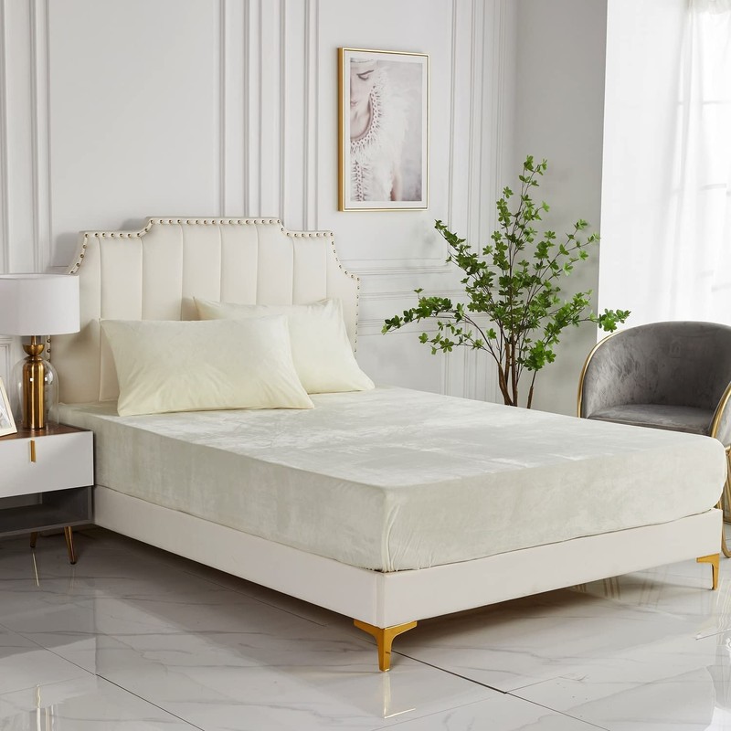 Cream Crystal Velvet Fitted Sheet Queen Only with 16" Elastic