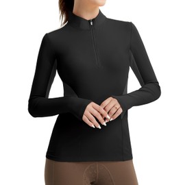 FitsT4 Sports Womens Equestrian Shirts Thumbholes Long Sleeve Horse Riding Shirts Quick Dry UPF50+ Riding Top Half Zip Black M