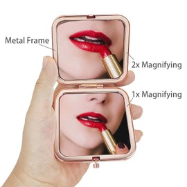 PDOZV Pocket Mirror for Women, Rosegold Square 2.8”×2.8” Metal Frame DropRubber Style Double Sided Mini Magnifying 1X/2X Mirror for Purse Can be Used as Gifts for Woman (Ethinc05)