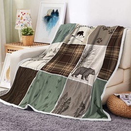 Cabin Retro Rustic Lodge Flannel Throw Blankets, Bear Deer Country Hunting Wild Animal Cozy Warm Bed Couch Blanket, White Fleece Flannel Throws to Decorate The Room and Bedroom Camping Travel