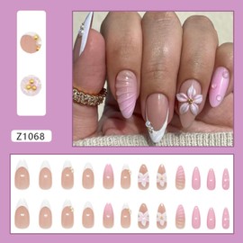 Press on Nails Medium Almond Fake Nails White French Tip with 3D Flower Designs Stick on Nails for Women 24 Pcs (Pink-8, M-8)