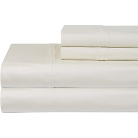 HNU 4 Pieces Pima Cotton Sheet Set Queen, Ivory Sateen Weave Deep Pocket Soft Feel Solid Color Casual Contemporary