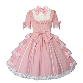 Jeufoin Women Girls Sweet Pink Dress Short Sleeves Kawaii Japanese Style Princess Dresses with Bows 2XL Pink