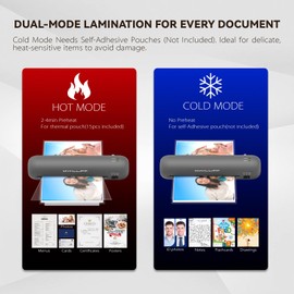 Laminator Machine 9-Inch Portable Thermal Laminator with Hot & Cold Modes, A4 Small Laminating Machine with ABS Jam-Release, 3-Min Warm-Up, 6-in-1 Photo Laminator Kit for Office & Class, Silver Gray