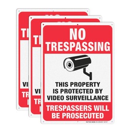 3 Pack Video Surveillance Signs, No Trespassing Trespassers Will Be Prosecuted Metal Reflective Warning Sign, 10 x 7 Inches 0.40 Aluminum Indoor Or Outdoor Use for Home Business CCTV Security Camera