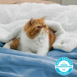 Bedsure Sherpa Fleece Blankets Queen Size for Bed - Thick and Warm, Soft Fuzzy Plush Queen Blanket for Winter, Washed Blue, 90x90 Inches