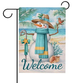 Hzppyz Welcome Winter Beach Snowman Blue Garden Flag Double Sided, Ocean Coastal Decorative Yard Outdoor Small Decor, Burlap Home Outside Decorations 12 x 18