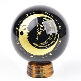 AMOYSTONE Natural Black Obsidian Ball Engraved Moon Black Crystal Quartz Sphere with Tiger Eye Stand