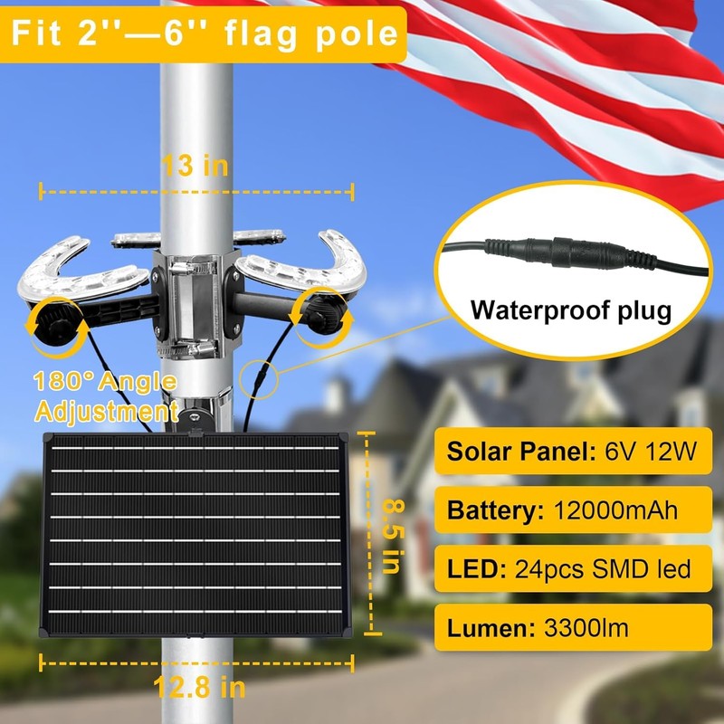 RAYSLIT Solar Flag Pole Light 3300 Lumens Flagpole Light Solar
