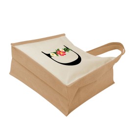 Monogram Initial Canvas Jute Tote Bags for Women - Cotton Shoulder Bags, Reusable Bags for Shopping, Gift bags, Book Bag, Travel Bag, Shopper Bags - Floral Letter D - Natural - L