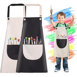 TBONEEY Delantal Infantil Pintura 2 Piezas Niños Artista Delantales con Bolsillos Delantal Cocina Niña Ajustable Para Pintura Artística, Cocinar, Hornear (Negro gris)