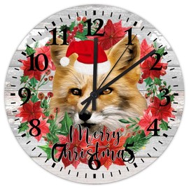 15 Inch Fox Wearing A Christmas Hat Wreath Small Wall Clock Battery Operated Silent Non-Ticking Fox Baby' First Christmas Indoor Clocks Arabic Numeral Round Clock for Bedroom Living Room Home Decor