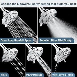 BRIGHT SHOWERS High Pressure 5-Function Rain Shower Head, Luxury Bathroom Showerhead with Chrome Plated Finish, Adjustable Angles, 1-Min Installation
