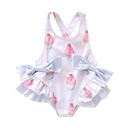 Baby Girls One-Piece Swimsuit Ice Cream Print Bathing Suit Ruffles Swimwear Cute Bowknot Beachwear(12-18months,Lightpink)