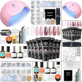 Modelones Poly Nail Gel Kit 8 Rosy Pink Colors with 48W U V/LED Lamp Poly Extension Gel Complete Nail Art Tools Professional Starter Manicure Kit Supplies Rhinestone Glitters Beauty Gift DIY at Home