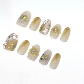 Nail Tips, Press on Nail, Set of 10, Handmade Nail Tips, Japanese Style Enamel Flower Yellow