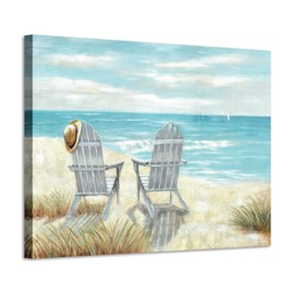 Beach Chair Canvas Wall Art: Seascape Quiet Wave Grass Straw Hat White Sailboat Artwork Painting Picture for Living Rooms (24"W x 18"H,Multi-Sized)