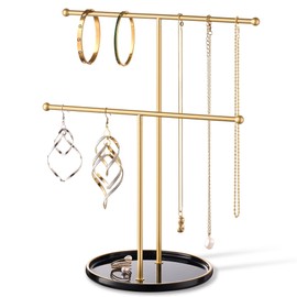 Josmimic Gold Jewelry Holder Stand with Ceramic Tray: Small Hanging Necklace Organizer Tree for Earrings, Bracelets, Rings – Jewelry Display Hanger for Women & Girls