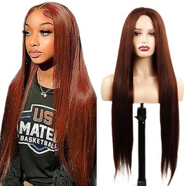 Hxxcoup Women's Real Hair Wig, 5 x 5 Lace Human Hair Wig, #33 Reddish Brown, Straight, Pre-Plucked Hairline with Baby Hair, Unprocessed Hair, Transparent Lace for Women, Minimal Smell, 28 Inches (71