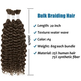 Water Wave Bulk Braiding Hair - 25% Human Hair Mixed Hair For Human Braiding Hair No Weft Curly Bundles 160g (1 Pack—2 Bundles) Boho Braids Wet and Wavy Synthetic Hair Extensions(20 Inch, 4#)