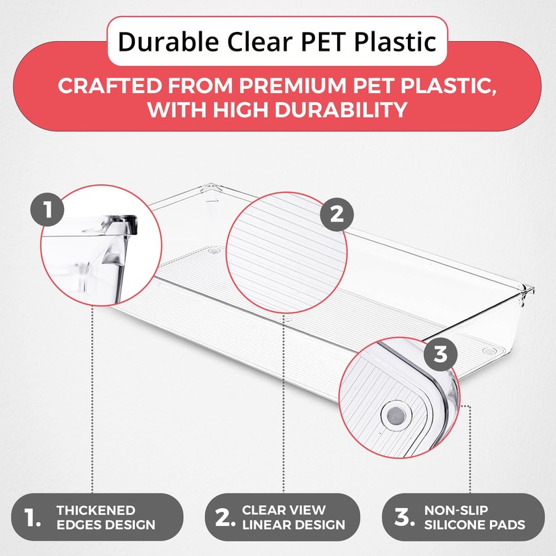 Amtido 7Pcs Drawer Organiser Set - Sturdy Clear Plastic -