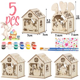 BOFUNX 5 Pieces Easter Wooden House Crafts Children Wooden Easter Craft Set for Crafts and Painting Easter Home Decoration Table Decoration for Easter DIY Children Gift
