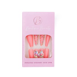 Boutique Beauty Premium Press On Nails (Coral Jewels)– Unique, Durable, and Trendy Designs with Adhesive Tabs - Long Coffin Shape