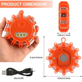 AK LED Road Flares Rechargeable Safety Flashing Warning Light Roadside Emergency Disc Beacon Kit for Vehicles Boats with Magnetic Base & Hook & USB Charging Cables (1 Pack)