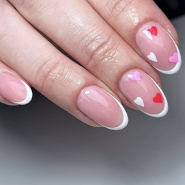 Press On Nails - 24 Pcs Almond Short False Nails - Nude Pink Oval White French Tips Fake Nails With Heart Design - Sweet Natural Stick On Nails For Women Girls Diy Nails Art Accessories Salon Home