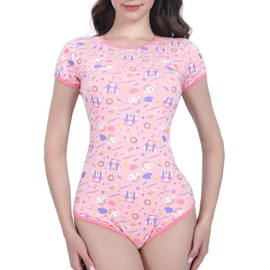 Landofgenie Women's Bodysuit Short Sleeve Cotton Onesie Pyjamas Bodysuit One Piece Romper, pink