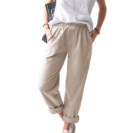 Women's Straight Pants Elastic Waist Casual Trousers Pants with Pockets Khaki