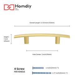 homdiy 20 Pack Solid Heavy Duty Zinc Alloy Cabinet Handles, Brushed Gold Cabinet Pulls, 3 Inch Hole Center Arch Drawer Pulls Modern Hardware for Kitchen Bathroom Cupboard