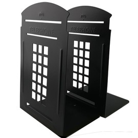 1 Pair Nostalgic London Telephone Booth Bookends British Style Metal Bookends for Shelves Library Bookends Book End Gifts (Black)