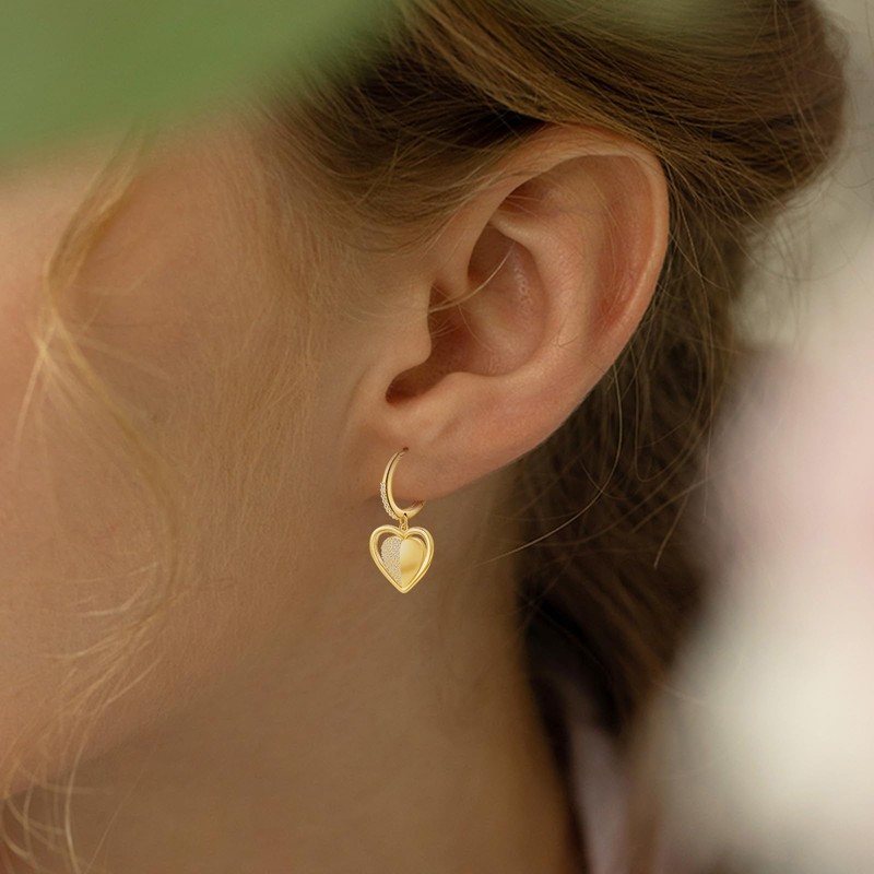 Gold Heart Dangle Hoop Earrings - Sterling Silver Cubic Zirconia