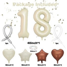 18 Cream White Balloons, 18 Number Balloons Set, Beige Number 18 Balloons, Brown Sand White Foil Star Heart Balloons With Long Balloons For 18th Birthday Party 1st 8th Baby Shower Decorations