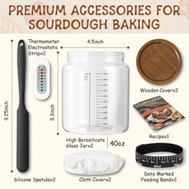 Sourdough Bread Starter Kit,40oz Large Sourdough Starter Jar With Wide Mouth,Silicone Spatula, Thermometer Electrostatic Strip,Recipe (40oz-2pcs)