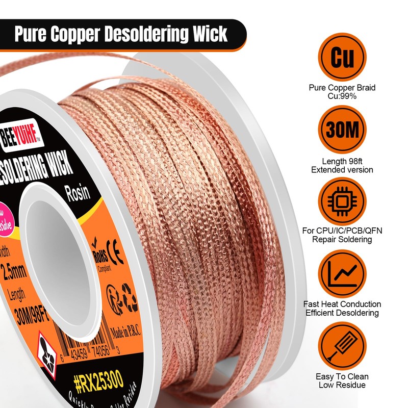 BEEYUIHF Desoldering Wick Braid 30M - 98ft Length 2.5mm Width