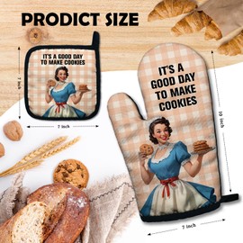 ZHANTUONE It's A Good Day to Make Cookies Funny Heat Resistant Oven Mitts and Pot Holders Set with Silicone Non-Slip, Vintage Lady Cookie Lovers Baking Gadgets, Gifts for Bake Lover Hostess Mom Wife