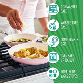 GreenLife Artisan Healthy Ceramic Nonstick, 8" and 10" Frying Pan Skillet Set, Stainless Steel Handle, PFAS-Free, Dishwasher Safe, Oven Safe, Soft Pink