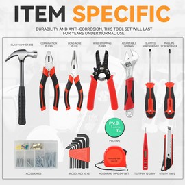 Auto Dynasty 21Pcs Tool Bag Household General Home Repair Tool Portable Kit with Combination Plier Adjustable Wrench Screwdriver Hex Key Hammer Measuring Tape Test Pen, Red